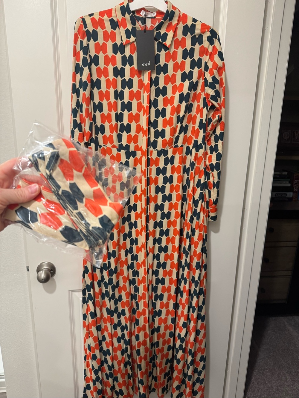Geometric Print Maxi Dress in Cream, Orange & Navy